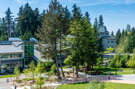 large modern buildings surrounded by trees